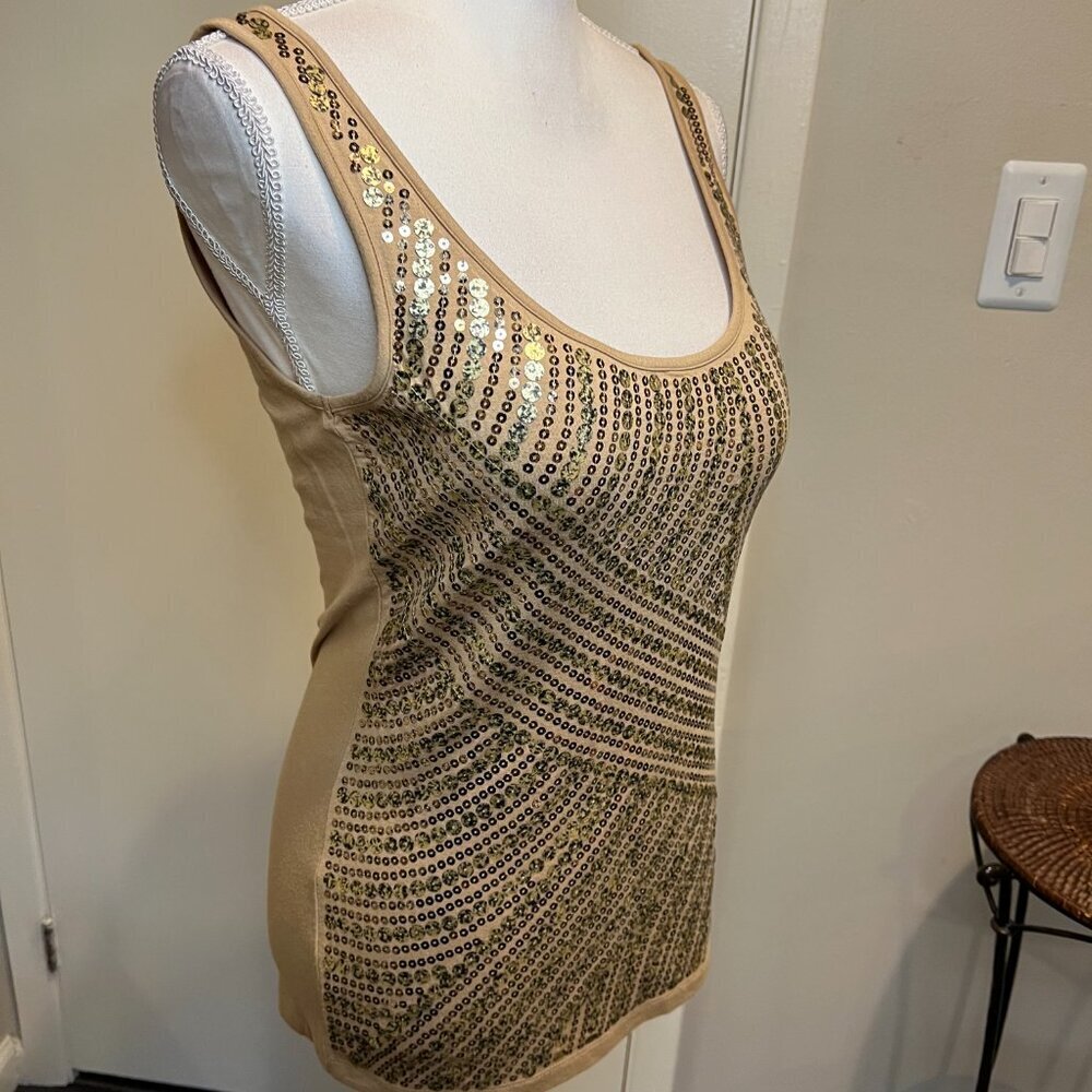 Cache Tan With Gold Sequins Tank Top, Size Small - image 5